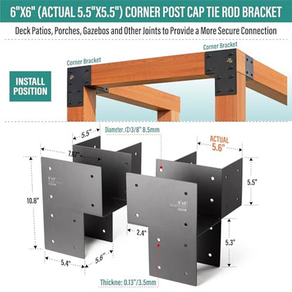 4 Pack 6''x6'' (Actual Size 5.5''x5.5'') Heavy Duty Stainless Steel Corner Post Caps Tie Bracket, Fit Connecting Wood Gazebo, Deck Patio Post and Wood Beams Bracket. (Black) - size: Corner 6"x6"(Actual 5.5"x5.5")
