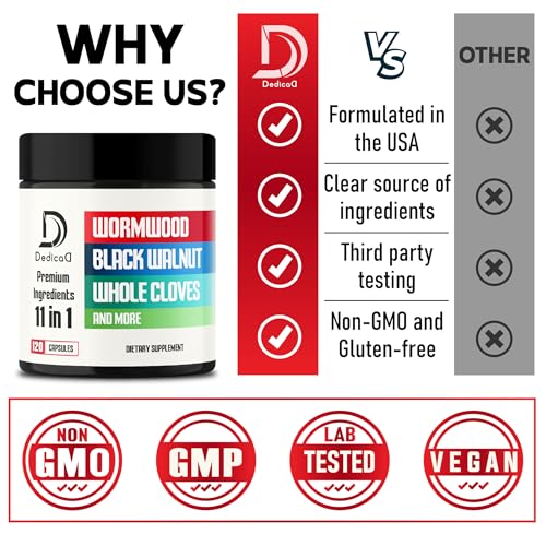DEDICAD Wormwood Supplement - 120 Capsules Extracted from Black Walnut, Cloves, Turmeric, Apple, Berberine HCl & More - 11 Ingredients Combined for Immune System - 2-Month Supply - size: 120 Count (Pack of 1)