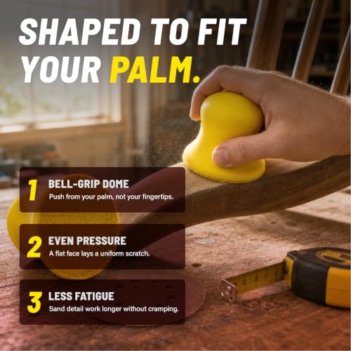 Core Series 3 Inch Hand Sanding Block, Bell-Shape Hand Sander, Firm Yellow Foam, Hook & Loop, Fits Standard 3 in Discs, for Auto Body, Wood, Block Sanding, Made in USA, 2-Pack (PN 03400)