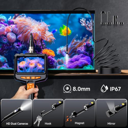 Dual Lens Borescope Camera with Light, 4.3" 1080P Handheld Endoscope - size: 4.3inch