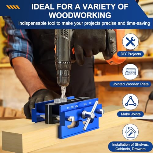 Self Centering Doweling Jig Kit, Adjustable Width Wood Drill Guide Jig Block for Straight Holes with 6 Bushing, Dowel Jigs for Woodworking Precision Biscuit Joiner Tool