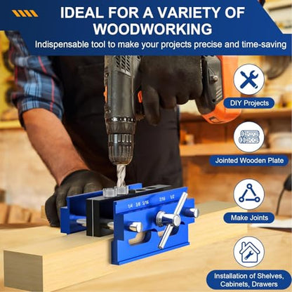 Self Centering Doweling Jig Kit, Adjustable Width Wood Drill Guide Jig Block for Straight Holes with 6 Bushing, Dowel Jigs for Woodworking Precision Biscuit Joiner Tool