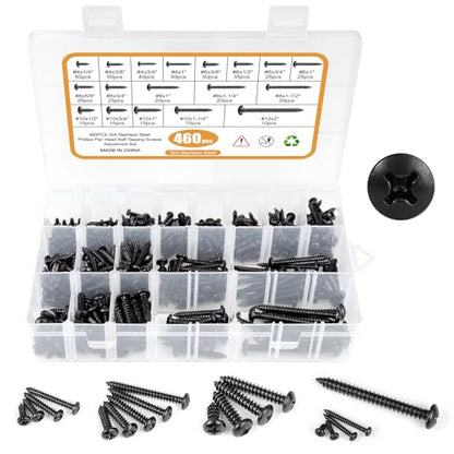 460PCS Black Stainless Steel Wood Screws Assortment Kit, 18 Sizes #4#6#8#10#12 Pan Head Sheet Metal Screws Self Tapping Screws Set for Wood Deck Drywall Concrete Screws, Length 1/4" to 2" - style: Black Pan Head 460PCS