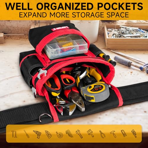 Tool Belt with 4 D-Rings,27-Pockets Tool Belts for Men,Construction - color: Red & Black, size: 27 Pockets