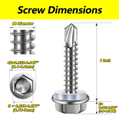 #8 x 1 Self Tapping Screws, 410 Stainless Steel Hex Washer Head (100pcs) - size: #8x1''-100Pcs