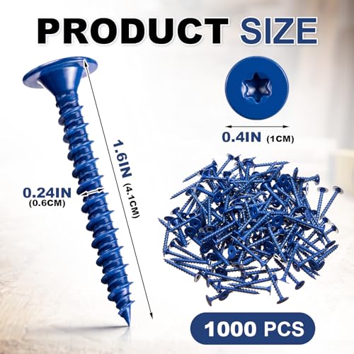 Blulu 1000 Pack 1-5/8 Inch Fasteners for Wood Studs, Backer Board Screws, Blue Ceramic Coated Thread Wood Screws for Cement, Tile Board, Shower & Bathroom Remodel, Reduced Splitting