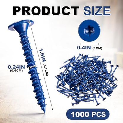 Blulu 1000 Pack 1-5/8 Inch Fasteners for Wood Studs, Backer Board Screws, Blue Ceramic Coated Thread Wood Screws for Cement, Tile Board, Shower & Bathroom Remodel, Reduced Splitting