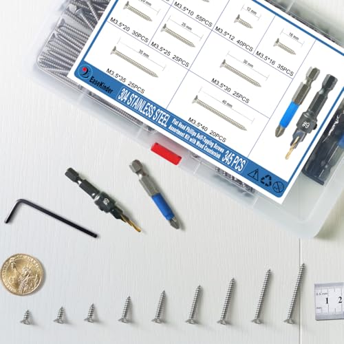345PCS Wood Screws Assortment Kit, #6 Self Tapping Screw Set (9 Sizes) - size: SS304 M3.5