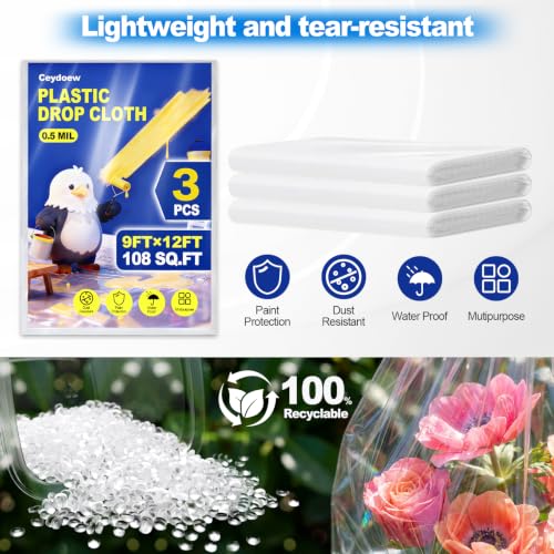 3 Pack Plastic Drop Cloths for Painting 9x12ft - color: 3-pack