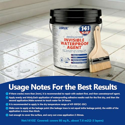 Transparent Waterproof Sealant, 141 Oz Invisible Waterproof Agent, Transparent Waterproof Coating for Roof Repair, Walls, Window, Bathroom, Kitchen, Water-Based Clear Sealant, Indoor & Outdoor - size: 141 FL OZ