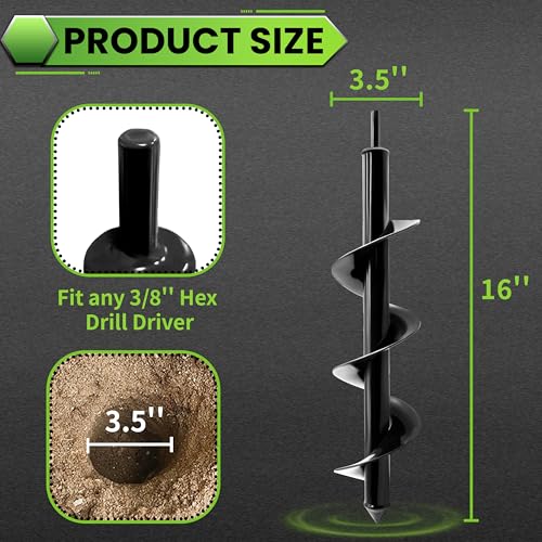 Auger Drill Bit for Planting - 3.5"X16" Heavy-Duty Garden Auger Spiral Drill Bit - Bulb Planter Tool & Auger Post Hole Digger - 3/8" Hex Drive Drill - size: 3.5"x16"(Black)