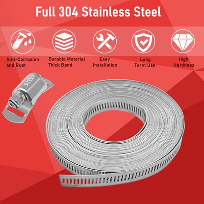 Hose Clamps Assortment Kit, CUKAYO 304 Stainless Steel DIY 39.37 FT Metal Strap+20 Stronger Fasteners, Large Adjustable Worm Gear Band Hose Clamps Screw Clamps Duct Pipe Metal Clamp Strapping - size: 39.37FT Metal Strap + 20 Fasteners