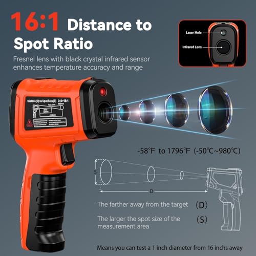 58°F to 1796°F Infrared Thermometer Gun, Dual-Mode 16:1 - color: Orange/-58°F to 1796°F and -58°F to 572°F-holster