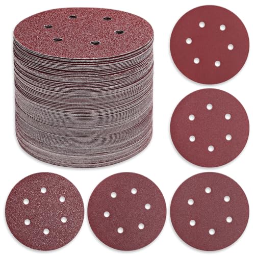 110 PCS 6 Inch 6-Hole Sanding Discs, Round Hook and Loop Sandpaper