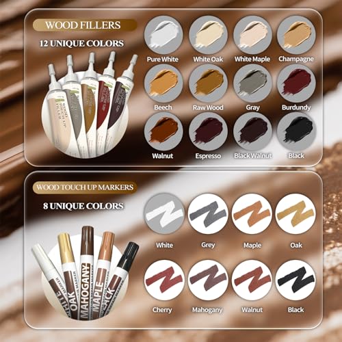 Wood Furniture Repair Kit – Set of 34 with Putty, Beewax, Fillers & Markers