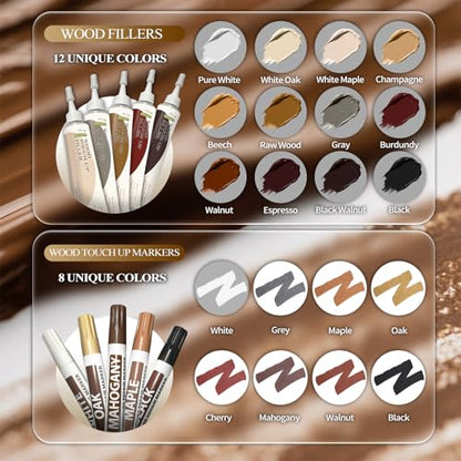 Wood Furniture Repair Kit – Set of 34 with Putty, Beewax, Fillers & Markers