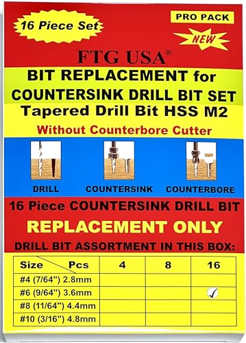 FTG USA 16 Pc #6(9/64") Replacement Tapered Countersink Drill Bit Hex Shank - size: #6, style: 16 Piece Same Size