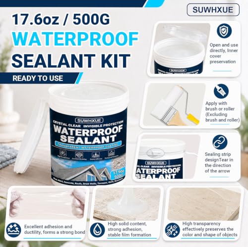 Clear Waterproof Sealant, SUWHXUE 17.6oz/500G Water-Based Transparent Waterproof Leak Repair Coating, Invisible Flexible Sealant for Concrete Walls Wood Metal Roof Water Sealer Indoor & Outdoor - size: 17.6 Oz