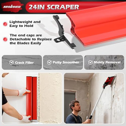 suokoun Drywall Skimming Tool Set, 24 Inch Drywall Skimming Blade, Mud Pan, 9 Inch Compound Roller, Extension Handle and Three Mud Knife for Plasterboard Skim Coating and WallBoard - size: 24+14+9+7+4+3inch