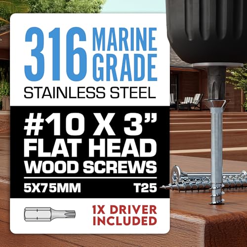 Allen's Trading Co. #10 x 3 Inch 316 Stainless Steel Screws Marine Grade (100 Pack, T25 Star) | Stainless Steel Wood Screws w/Driver Bit | High Corrosion Resistance for Coastal Construction - size: 10 x 3 Inch