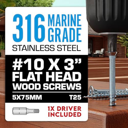 Allen's Trading Co. #10 x 3 Inch 316 Stainless Steel Screws Marine Grade (100 Pack, T25 Star) | Stainless Steel Wood Screws w/Driver Bit | High Corrosion Resistance for Coastal Construction - size: 10 x 3 Inch