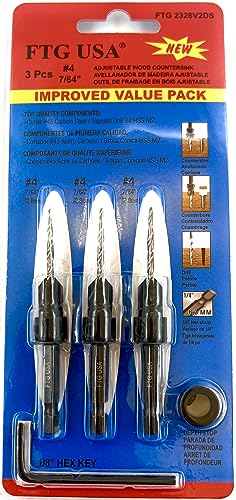 FTG USA 3 Pc #4 (7/64") Countersink Drill Bit Set with Tapered Drill Bits - size: #4, style: Same Sort 3 Pc