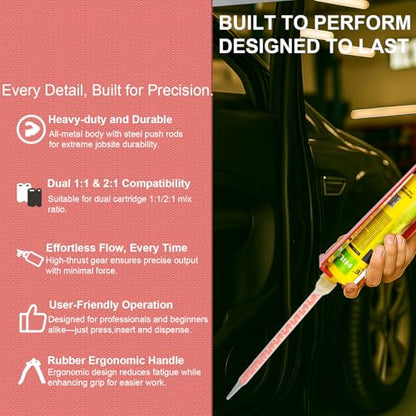 Epoxy Gun Dual Component 400ml – Manual 1:1 & 2:1 Ratio Adhesive Applicator for Epoxy, Urethane, Acrylic,High-Thrust 2-Part Adhesive Gun for Panel Bonding, Structural & Plastic Repair,Red - size: 400 ml (1:1, 2:1)