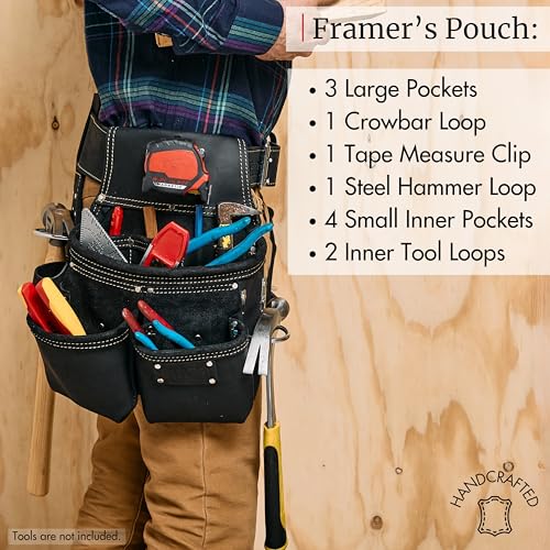 FESA 3 Inch Leather Tool Belt for Men with Hammer Holder Adjustable 34"-44" - color: Black