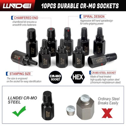 LLNDEI Screw Extractor Set, Hex Head Easy Out Set 10 Pieces (1/8”-13/32”)