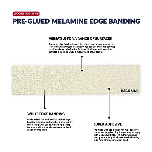 UNMAR White Edge Banding Melamine Iron On Tape Adhesive Wood Board Edging Strips Veneer Trim Laminate Cabinet Furniture MDF Plywood Formica Shelf Stick Countertop (1, White, 5/8 in x 100 ft) - size: 5/8 in x 100 ft
