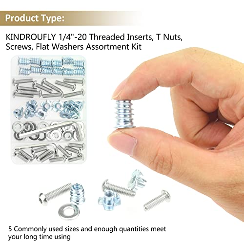 1/4-20 Threaded Inserts for Wood, T Nuts, Bolts With Button Head Socket Cap Screws (3/4", 1", 1/4"), Washers and Hex Wrench - 64 Pieces - size: 1/4"-20 Nut Bolt Assortment Kit, 64 Pieces