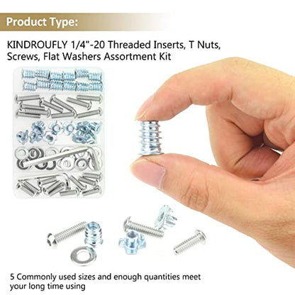 1/4-20 Threaded Inserts for Wood, T Nuts, Bolts With Button Head Socket Cap Screws (3/4", 1", 1/4"), Washers and Hex Wrench - 64 Pieces - size: 1/4"-20 Nut Bolt Assortment Kit, 64 Pieces
