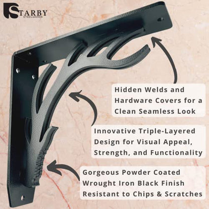 Starby Elk Lodge Antler Heavy Duty Steel Fireplace Mantel Brackets, Floating Shelf, Countertop Support, Log Cabin - Hand Welded (2 Pack) (8 x 8 x 2) - color: Elk Lodge, size: 8" x 8" x 2"