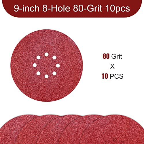 Awutzut 9 inch Sanding Discs 80 Grit 8 Holes Hook and Loop Sandpaper for Drywall Sander 10Pack - style: 80 Grit