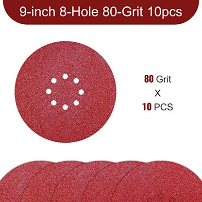Awutzut 9 inch Sanding Discs 80 Grit 8 Holes Hook and Loop Sandpaper for Drywall Sander 10Pack - style: 80 Grit