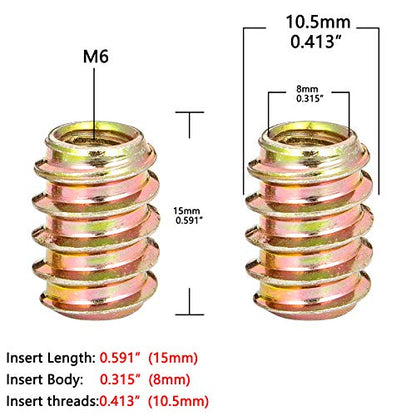 80Pcs M6x15mm-H Flushed Nut Inserts Wood Threaded Fastener for Furniture