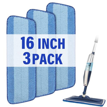 16.5" Microfiber Mop Pads Refills, 3 Pack Reusable Replacement Heads - color: 16"blue Stripe*3