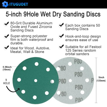 5 Inch 9 Hole Wet Dry P80 Grit Sanding Discs - 50 Pack Box - size: 80 Grit