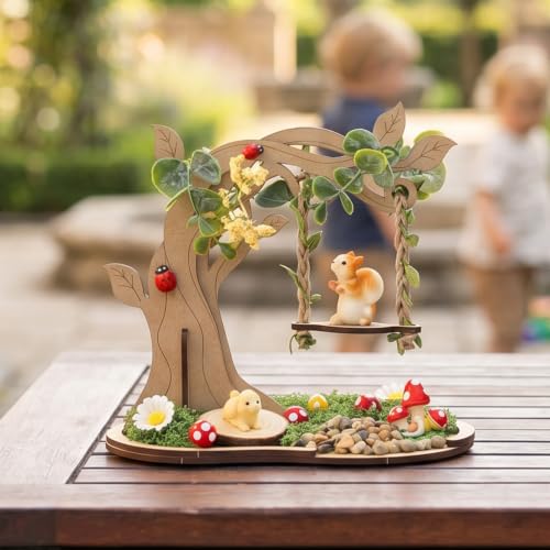 Wooden Mini Fairy Garden Tree Swing Diorama Kit - DIY Tabletop Ornament