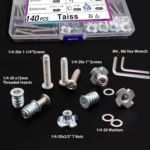 Taiss 140PCS 1/4-20 Threaded Inserts for Wood,T Nuts,1/4-20x 1", 1-1/4" Bolts Button Head Socket Cap Screws Fully Threaded and 1/4-20 Washers with Hex Wrench F-116-140PCS