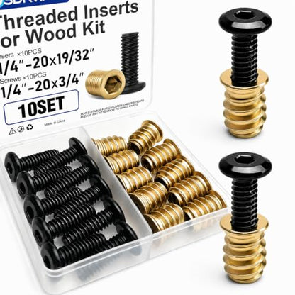 20Pcs 1/4-20 Threaded Inserts for Wood with Furniture Screws