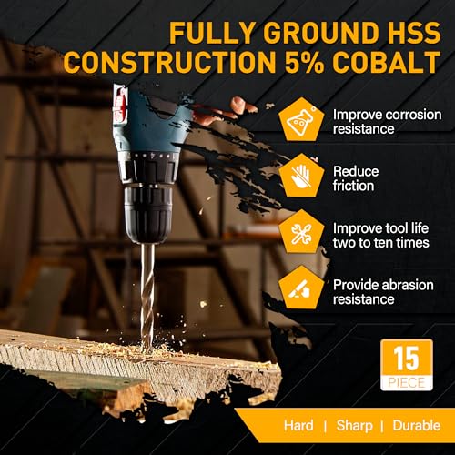15Pcs Cobalt Drill Bit Set, M35 HSS Jobber Length Twist Drill Bit Set for Cast Iron, Stainless Steel, Plastic and Wood, 1/16" - 3/8" - style: 15PCS