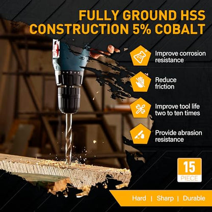 15Pcs Cobalt Drill Bit Set, M35 HSS Jobber Length Twist Drill Bit Set for Cast Iron, Stainless Steel, Plastic and Wood, 1/16" - 3/8" - style: 15PCS