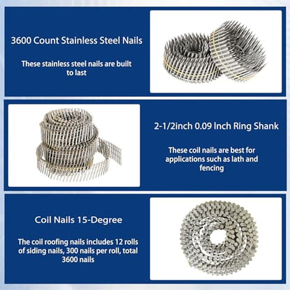waltyotur 3600 Count Stainless Steel Coil Roofing Ring Shank Siding Nails 15-Degree Collated Wire Coil 2-1/2 Inch, 0.09 Inch Ring Shank, Small Cap Coil Stud Siding Nails - size: 2-1/2 Inch x 0.09 Inch