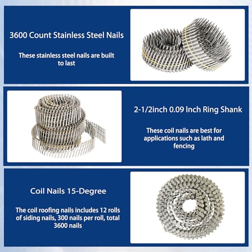 waltyotur 3600 Count Stainless Steel Coil Roofing Ring Shank Siding Nails 15-Degree Collated Wire Coil 2-1/2 Inch, 0.09 Inch Ring Shank, Small Cap Coil Stud Siding Nails - size: 2-1/2 Inch x 0.09 Inch