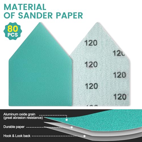 80PCS Detail Sander Sandpaper and 2 Sanding Interface Pads Compatible with M12 Sanders, 80, 120, 150, 180, 240 Grit, 3.5 X 2.5in, Heavy Duty Hook & Loop Triangle Detail Sanding Paper