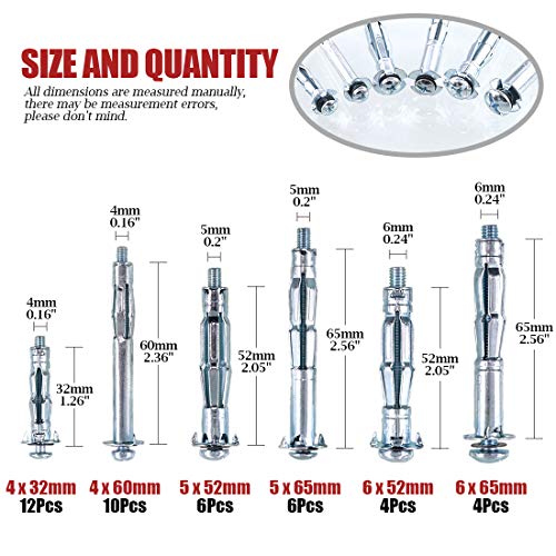 Hilitchi 42-Pcs [6-Sizes] Metal Zinc Plated Steel Hollow Wall Anchors Assortment Kit for Drywall Heavy Duty Molly Bolt Set