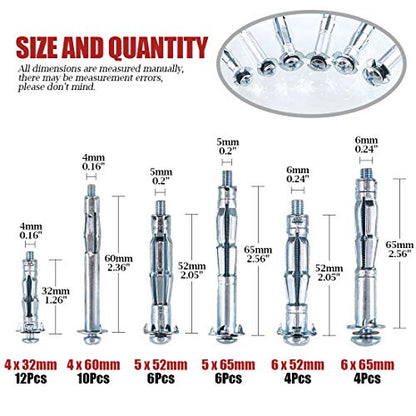 Hilitchi 42-Pcs [6-Sizes] Metal Zinc Plated Steel Hollow Wall Anchors Assortment Kit for Drywall Heavy Duty Molly Bolt Set
