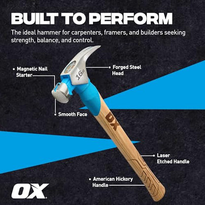 OX 16oz Framing Hammer - Smooth Face with Hickory Wood Handle - style: 16-oz Hammer + Grip