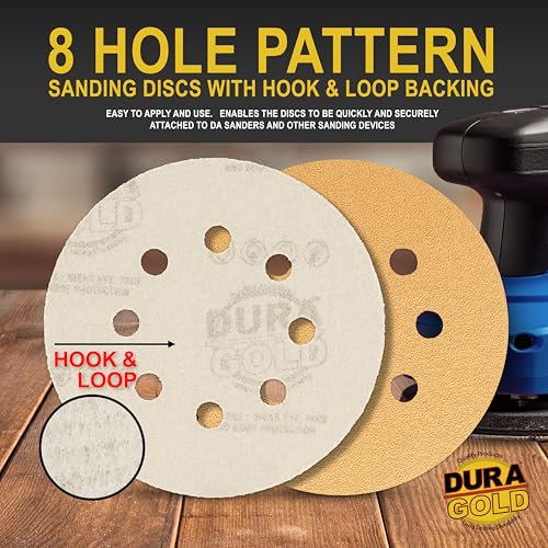 Dura-Gold 5" Gold Sanding Disc Grit Assortment, 8 Hole Pattern 10 Discs Ea - size: Variety Pack - Gold